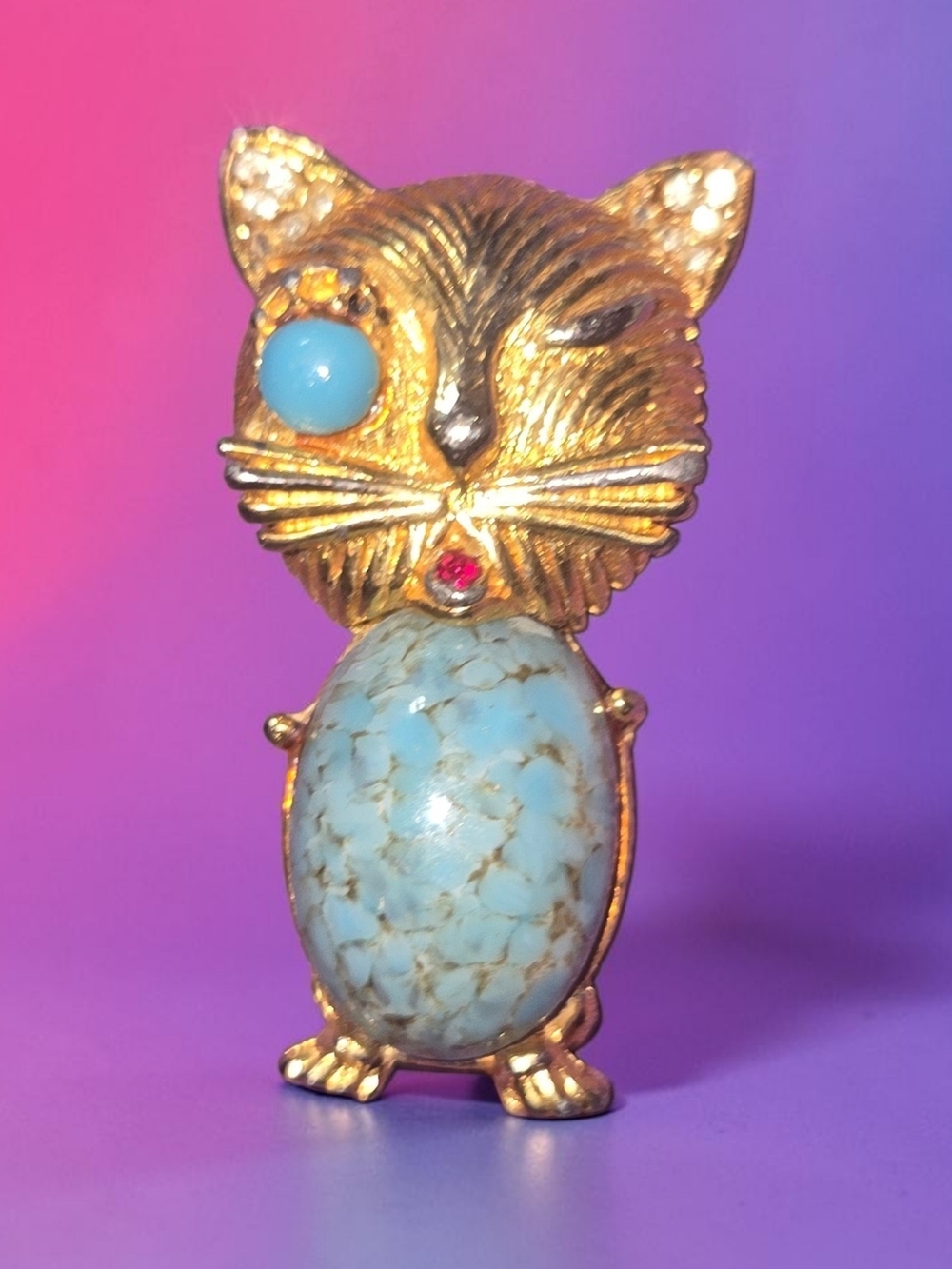 Gold Cat Pin Brooch with Turquoise Stone